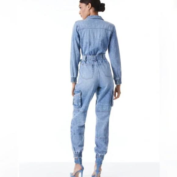 Alice + Olivia Distressed Etha Chambray Denim Jumpsuit - Tie Waist - Blue - 30 - Picture 2 of 12